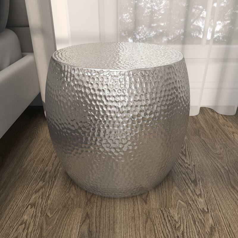 Silver Aluminum Metal Drum Shaped Accent Table with Hammered Design
