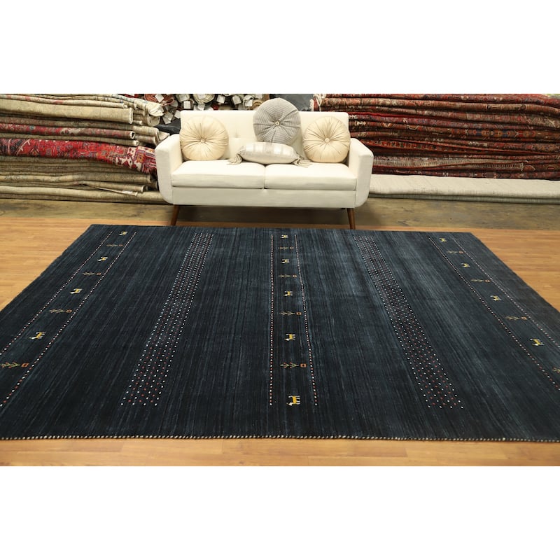 Hand Knotted Oriental 100% Wool Carpet Tribal Animal Pictorial Navy Blue & Blues Gabbeh Area Rug - 9' 10'' X 8' 0''