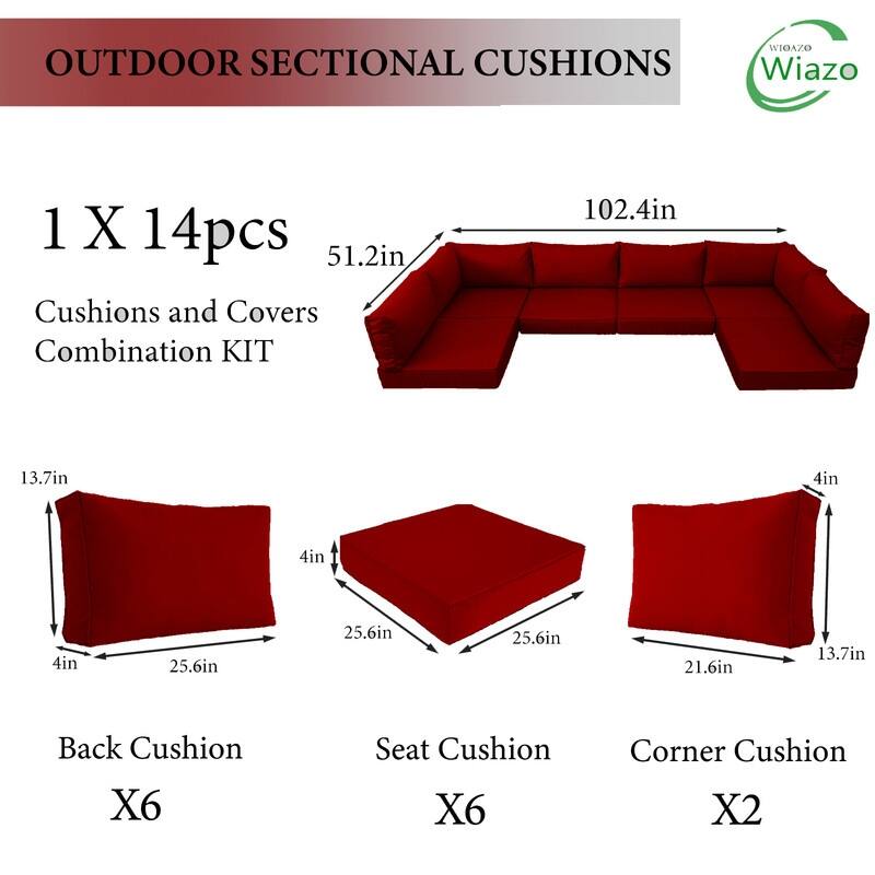 14pcs Outdoor Couch Cushions,4" Waterproof Sectional Rattan Conversation Set Cushions(Only Cushions+Covers,No Sofa) - 14PCS