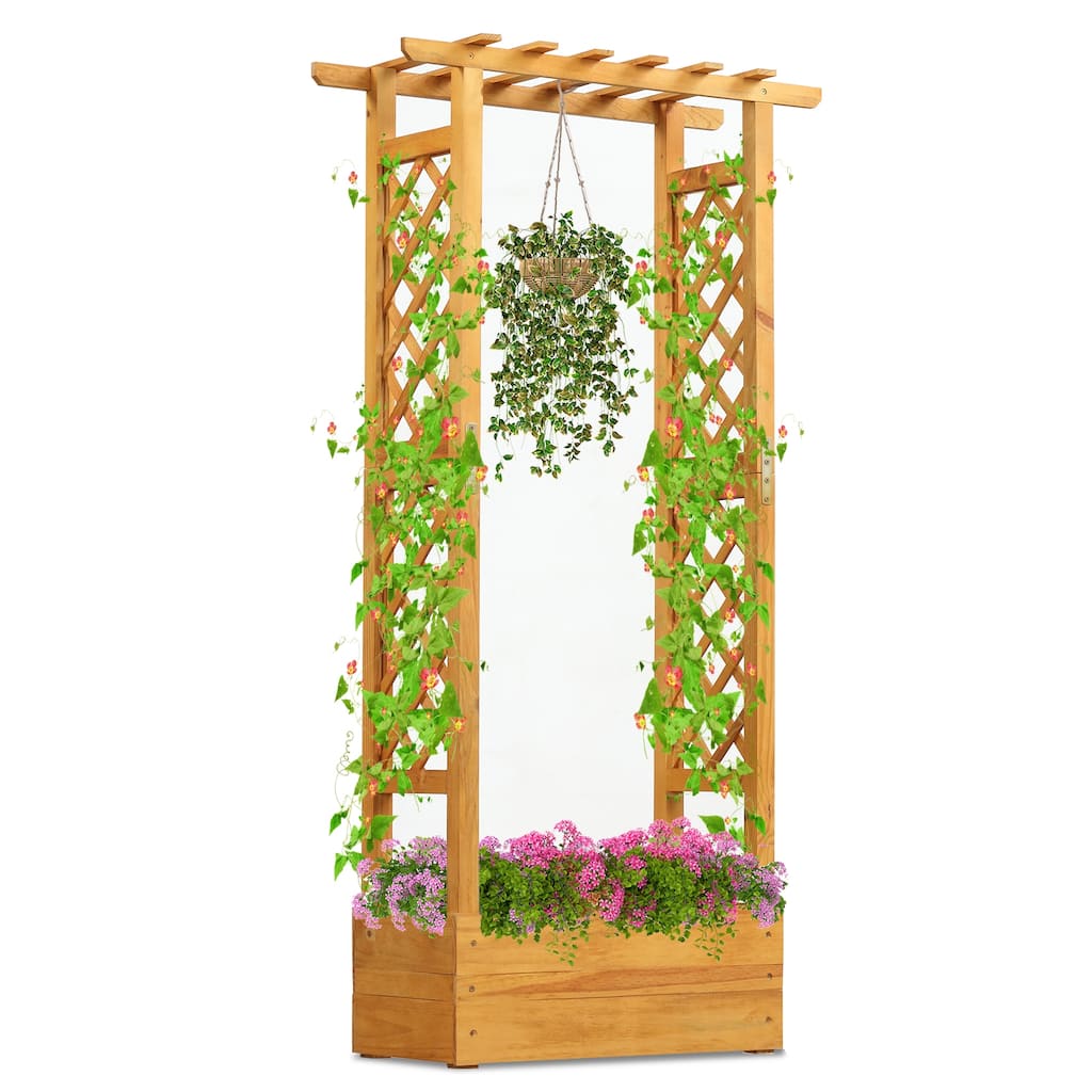 Orange Pine Wood Raised Garden Bed with Trellis and Roof for Climbing Plants - 31" x 14" x 60"