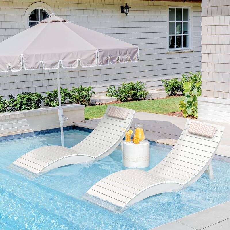 Folding HDPS Plastic Outdoor Pool Chaise Lounges Lounge Chair Outdoor with Headrest Cushions - White/2 Set