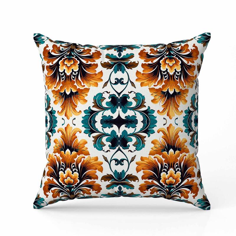 Damask Rapture Indoor/Outdoor Reversible Throw Pillow Turquoise and Orange