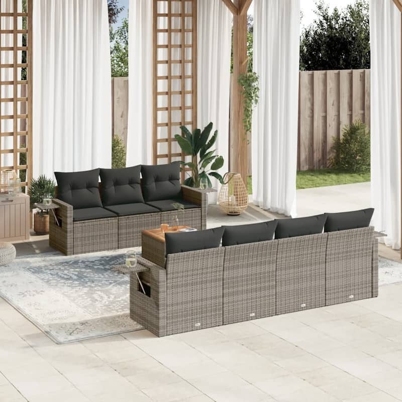 vidaXL Garden Sofa Set 8 Piece with Cushions Outdoor Sofa Set Poly Rattan - 21.7 x 21.7 x 14.6 in (W x L x H) - Grey