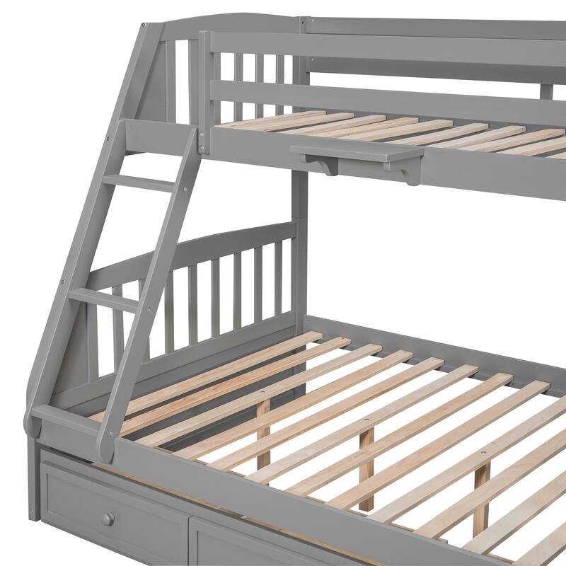 Twin-Over-Full Bunk Bed with Drawers, Ladder, and Storage Staircase in Gray