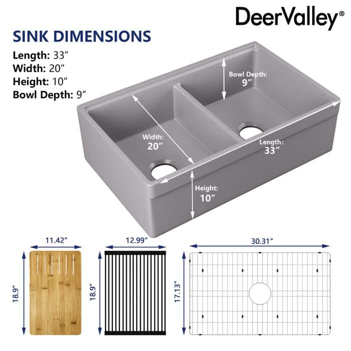 DeerValley 33"L X 20"W Double Bowl Workstation Farmhouse Kitchen Sink With Cutting Board And Dish-Drying Rack