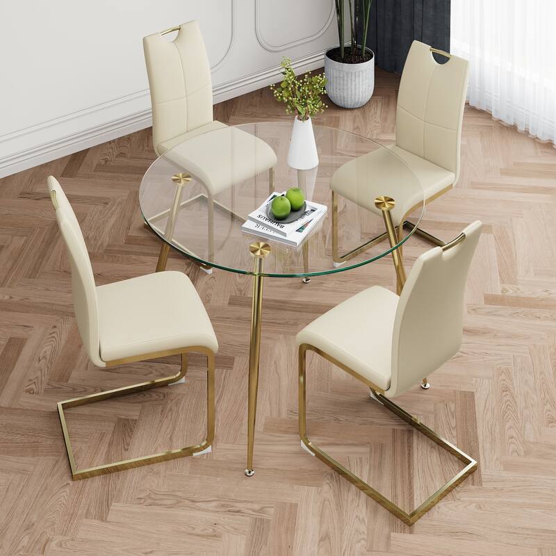 47.2" Luxury Glass Dining Table Set for 4, Circle Kitchen Table with 4 PU Chairs, 5-Piece Modern Dining Table and Chair Set