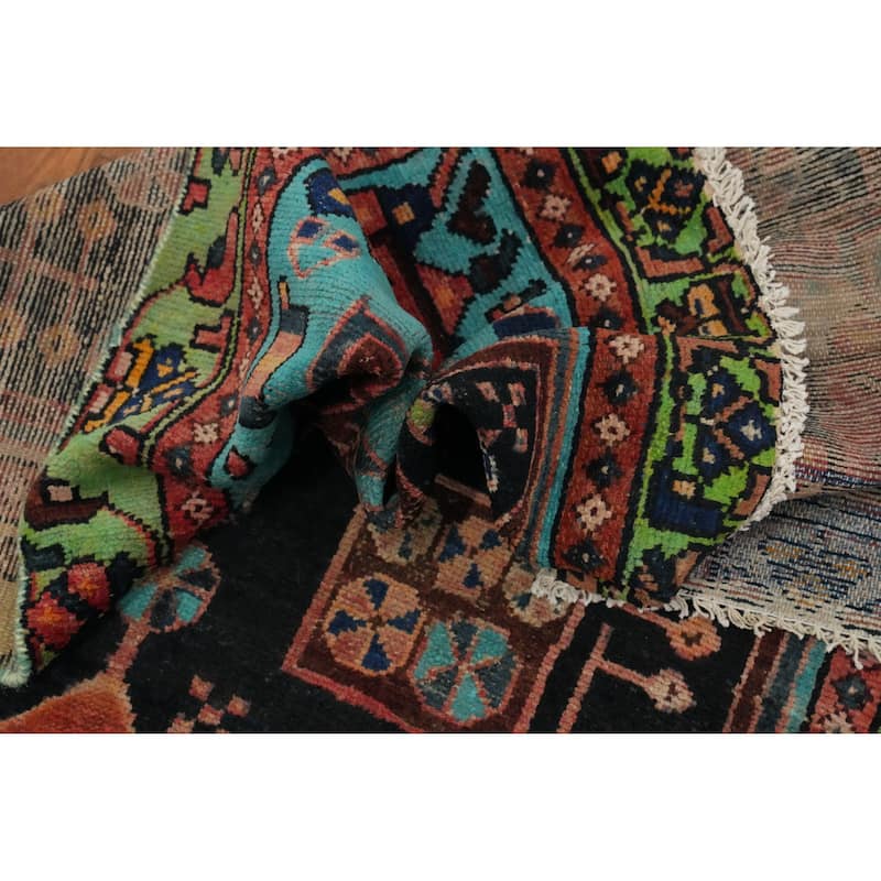 Hand Knotted Oriental 100% Wool Carpet Traditional Tribal Black Hamedan Runner Rug - 8' 6'' X 3' 4''