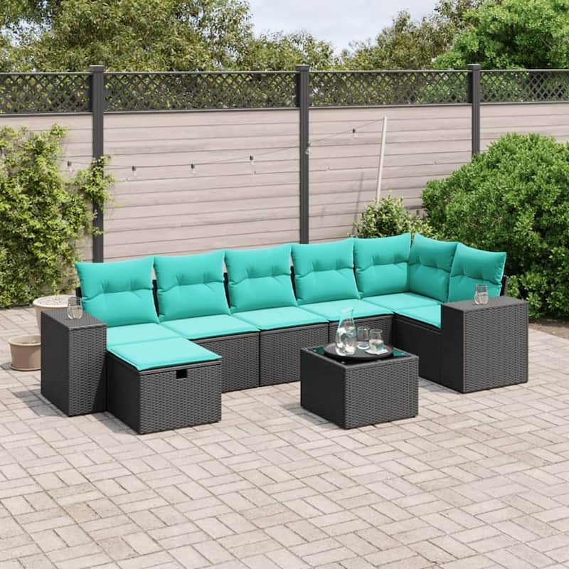 vidaXL Patio Sofa Set with Cushions Outdoor Conversation Furniture Poly Rattan - 24.4" x 24.4" x 27.2" - Black and blue with table