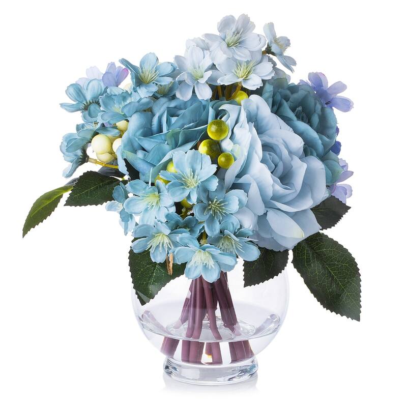 Enova Home Mixed Artificial Silk Roses Fake Flowers Arrangement in Clear Glass Vase Wwth Faux Water for Home Decoration - Blue