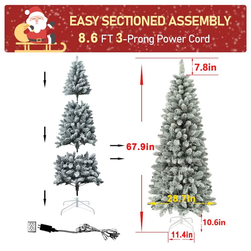 VEIKOUS Pre-Lit Artificial Christmas Tree Pencil Snow with Foldable Iron Stand with LED lights, 5.5/6.5/7.5 ft
