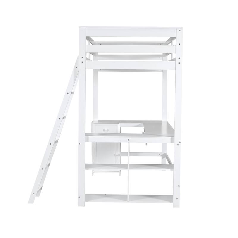 Roomfitters Twin/Full Loft Bed with U-Shaped Desk, Open Shelves and Compact Storage System