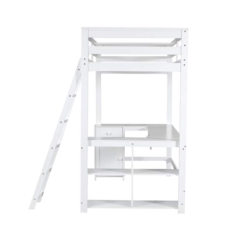 Twin Size Loft Bed with U-shaped Desk, Drawers, Storage Shelves