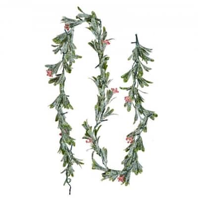 Snowy Green LED Lighted Christmas Garland with Olive Leaves and Vine Berries for Stairs and Mantels