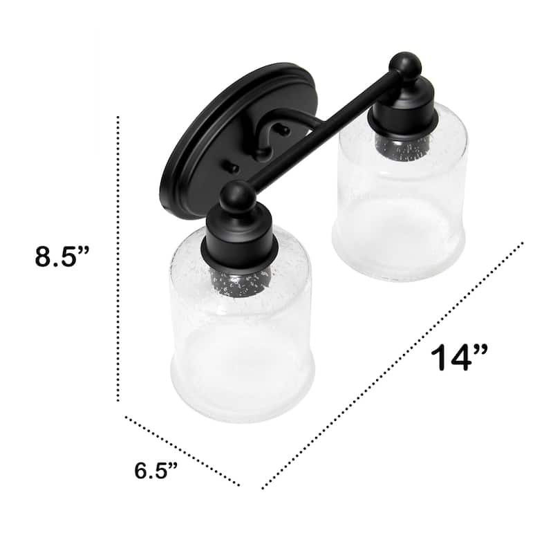 Two Light Vanity Wall Sconce - Metal & Glass Shade Uplight Downlight - Bathroom, Hallway, Entryway Decor - Black Finish - 6.5