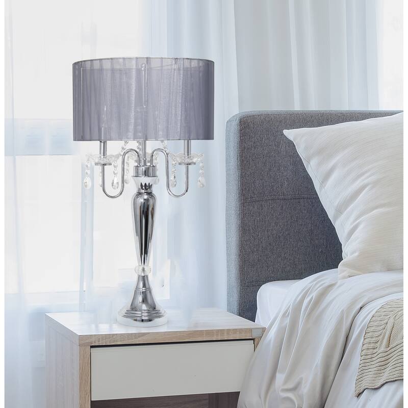 Silver Orchid Bacall Hanging Crystals Sheer Shade Table Lamp