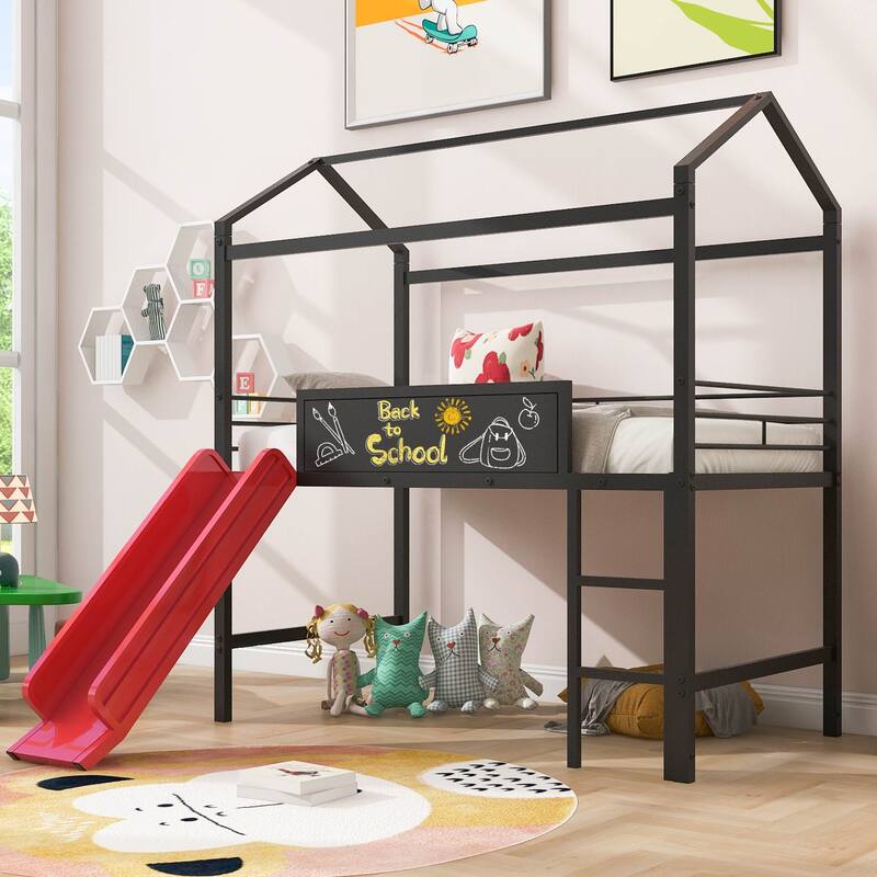Twin Size Metal Loft Bed with Slide & Two-Sided Writable Wooden Boards - Metal House Bed Design - Black and Red