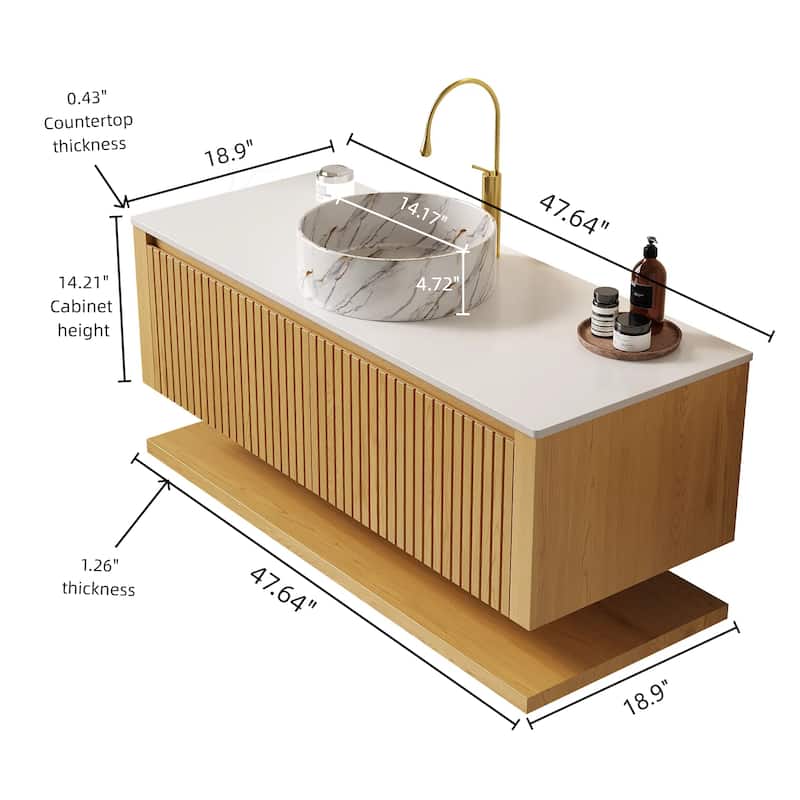 Floating Bathroom Vanity with Sink, Wall-Mounted Sintered Stone Countertop Bathroom Cabinet, Marble Pattern Ceramic Basin