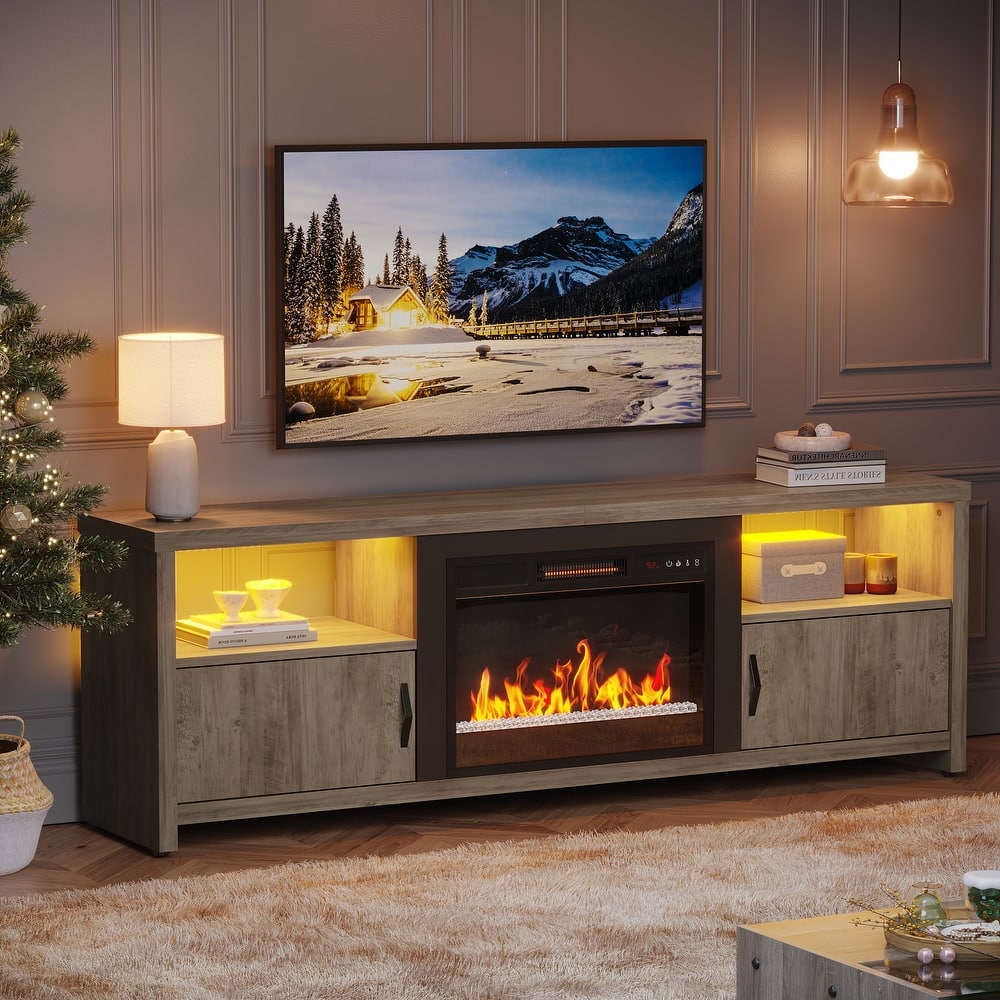 70 in. Pinewood LED TV Stand Fits TV's Up to 75 in. Entertainment Center with Fireplace and Cabinets - 71 inches