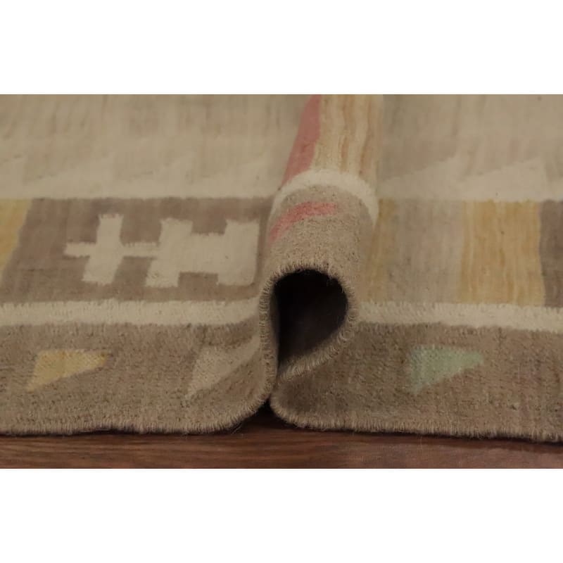Hand Woven Oriental 100% Wool Carpet Southwestern Tribal Beige & Ivories Kilim Area Rug - 11' 11'' X 8' 9''