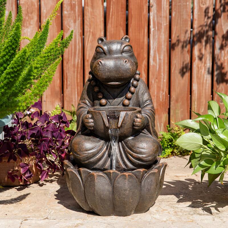 Glitzhome 21.75"H 2-Tiered Lighted Zen Style Frog Elephant Hippo Polyresin Outdoor Fountains