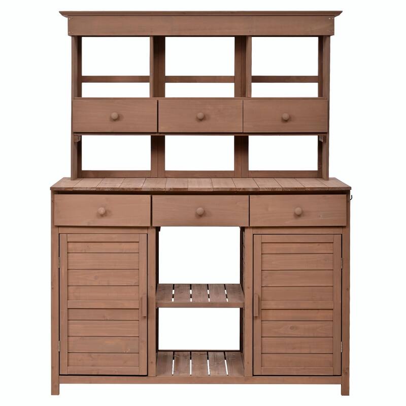 65.7'' Tall Garden Potting Bench - Patio Workstation with Hutch, 3 Shelves, 6 Drawers, 2 Cabinets & Side Hooks