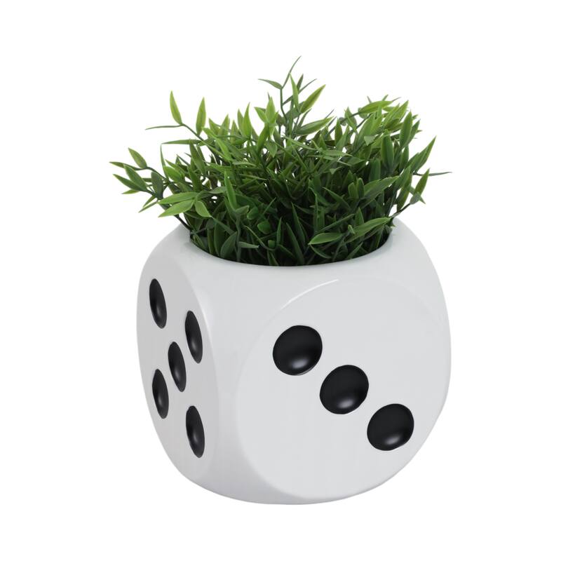 Decorative Ceramic Dice Planter - 6", White & Black - 6.0"