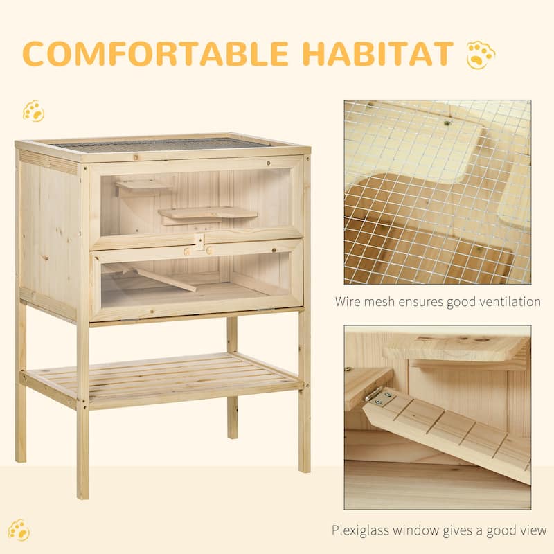 Wooden Hamster Cage with Plexiglass Window, Hinged Doors and Shelf - 23.5"L×15.75"W×31.5"H