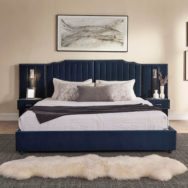 King Size Upholstered Bed Frame with Velvet Fabric