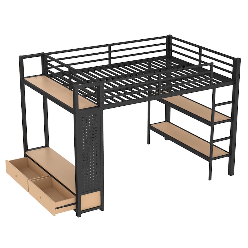 Metal Bed Frame Queen Size Loft Bed with Open Wardrobe, Hanging Rod, Storage Shelves, Pegboard and Bottom Drawers