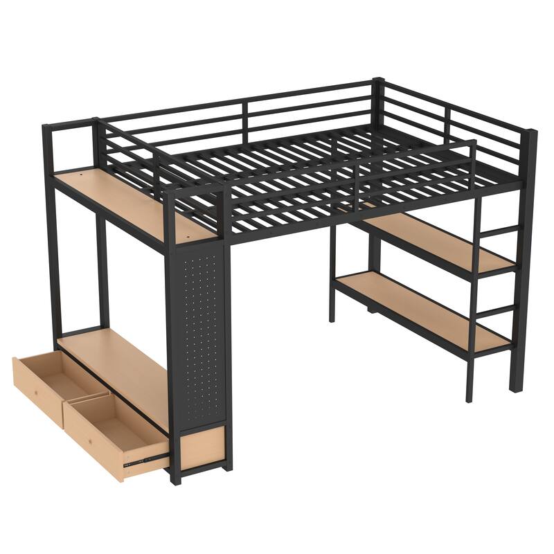 Roomfitters Full/Queen Size Metal Loft Bed Frame with Wardrobe, Storage Shelves & Pegboard, Space-Saving Functional Design