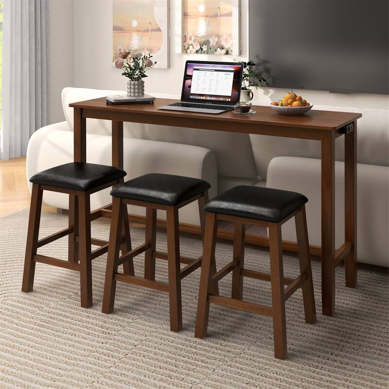 Gymax 4-Piece Bar Table Set w/ Power Outlet Counter-Height Table & 3