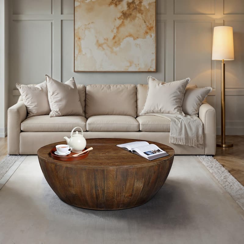 Arthur Coffee Table 35.5" Round Top Drum Shaped Sandblasted Walnut Brown Mango Wood