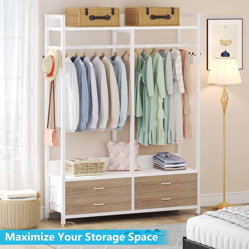Freestanding Closet Organizer, Clothing Rack with 4 Drawers, 8 Hooks and Storage Shelves - Grey