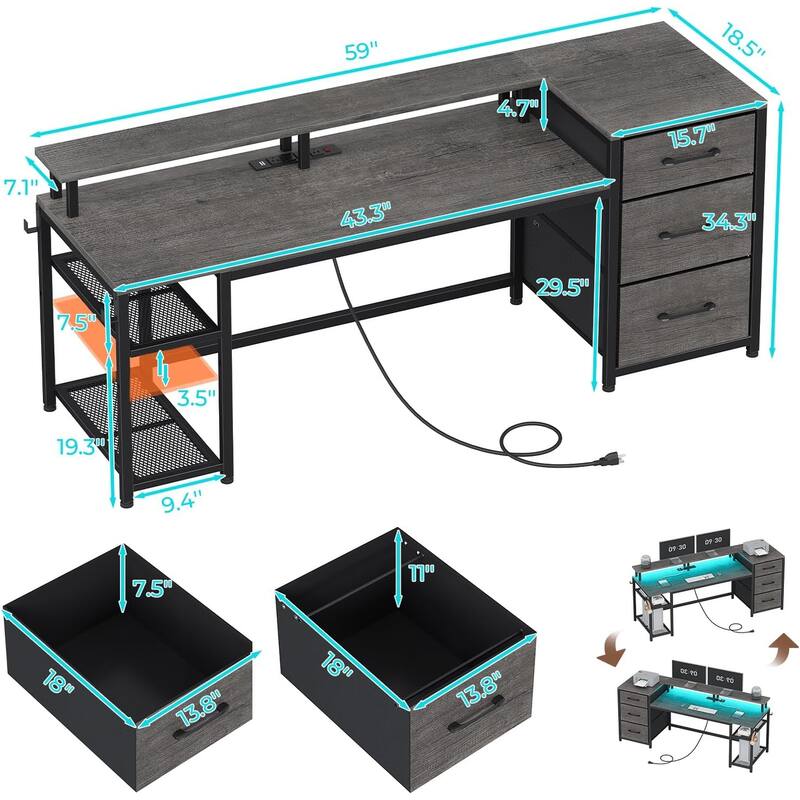Office Desk 3 Fabric Drawers Computer Desk LED Lights & Power Outlet