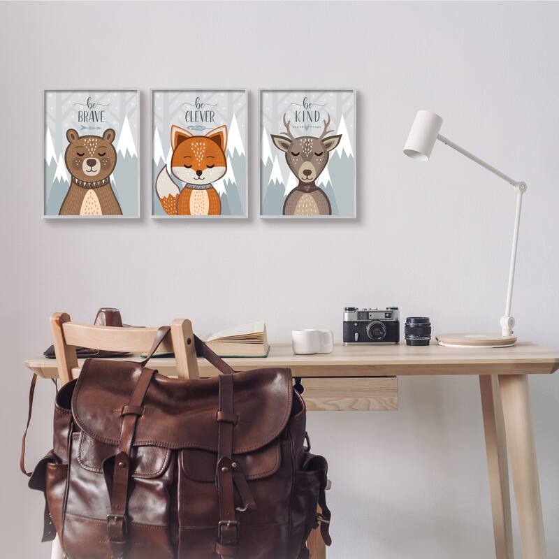 Stupell Be Kind Brave and Clever Phrases Forest Animal, 3pc Multi Piece Framed Wall Art Set