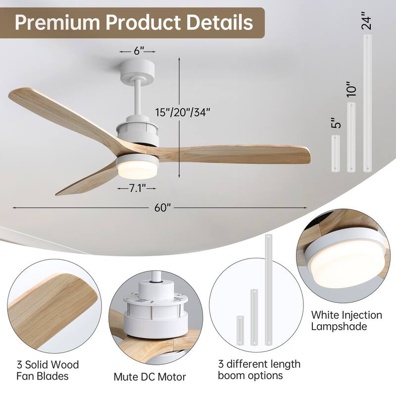 Sofucor 60Inch Ceiling Fan Solid Wood Blades with Light Remote Control,Indoor/Outdoor with Reversible DC Motor for Bedroom Patio