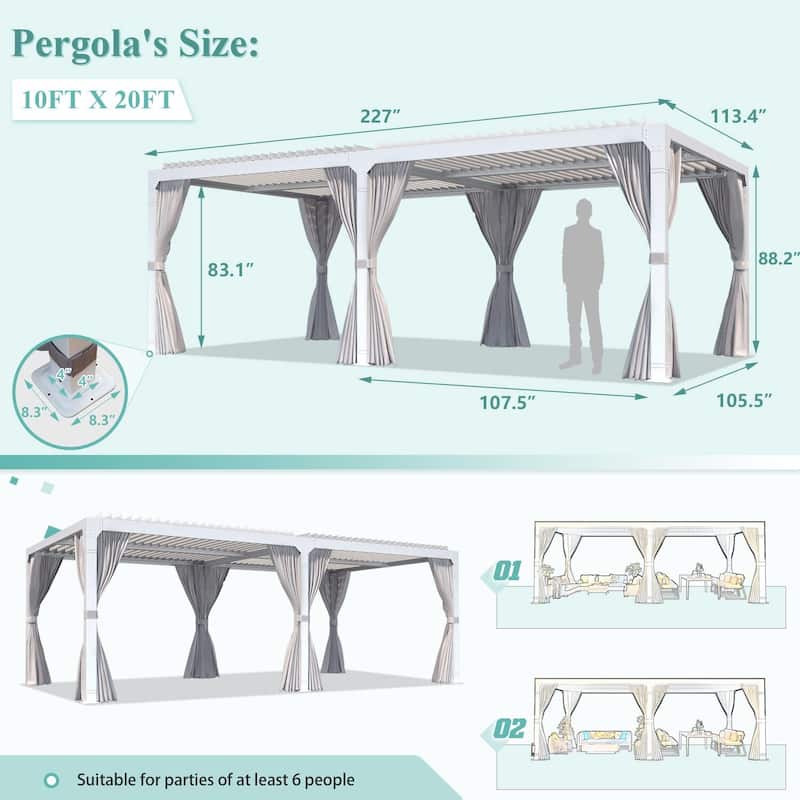 EROMMY 10x20 Adjustable Metal Roof Pergola with Curtains and Netting, Hardtop Outdoor Gazebo for Patios