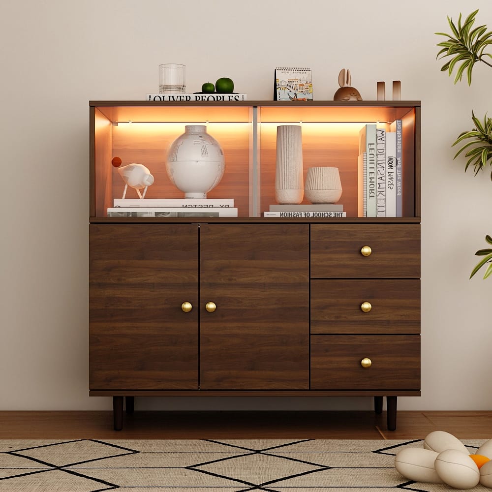 Vintage style Side Storage Cabinet with LED Lighting and Acrylic Sliders for Display and Organization