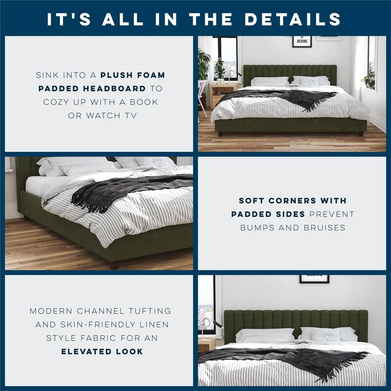 Roomfitters Brittany King Size Upholstered Bed Frame with Ribbed Tufted Headboard, Linen Fabric, Green