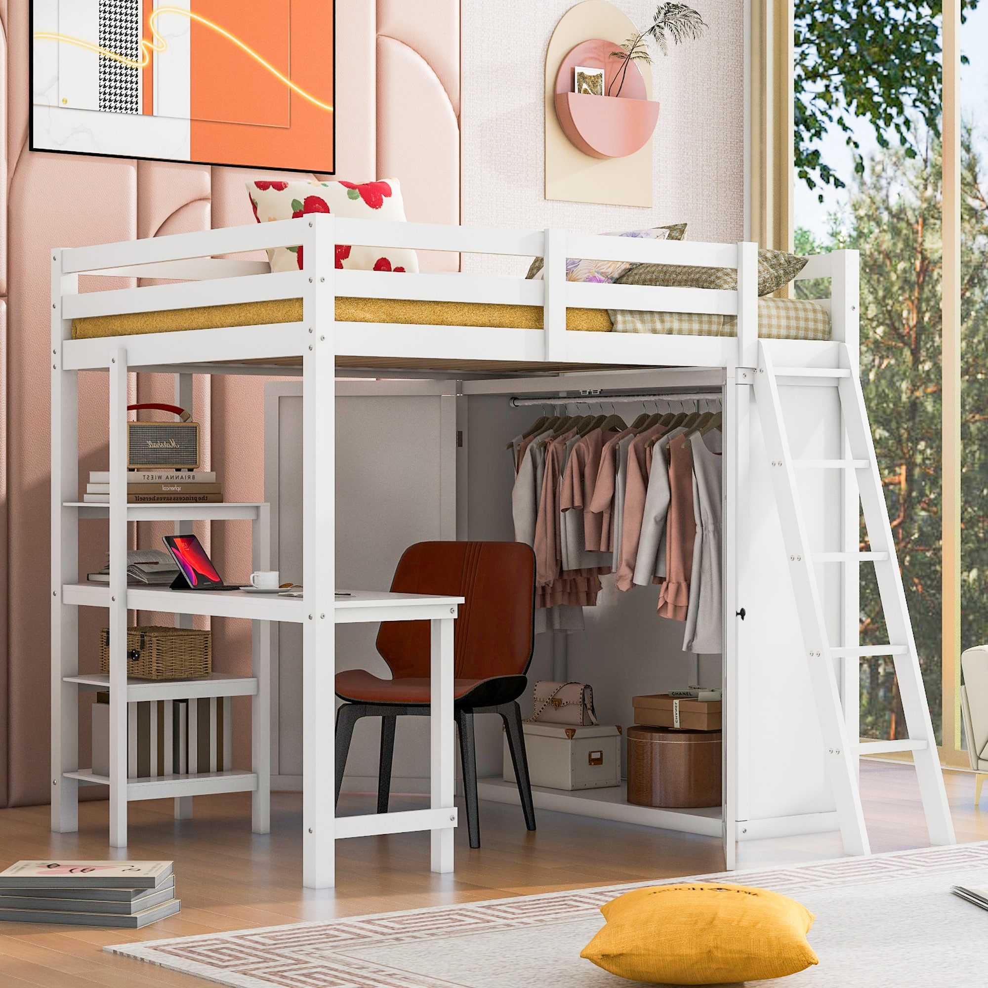 Wooden full size loft bed sales with desk