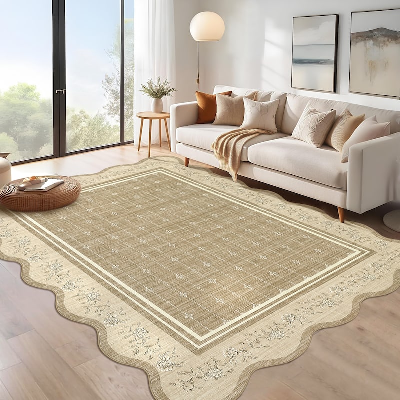 Garvee Scalloped Rose Floral Bordered Area Rug - 5'x7' - Camel