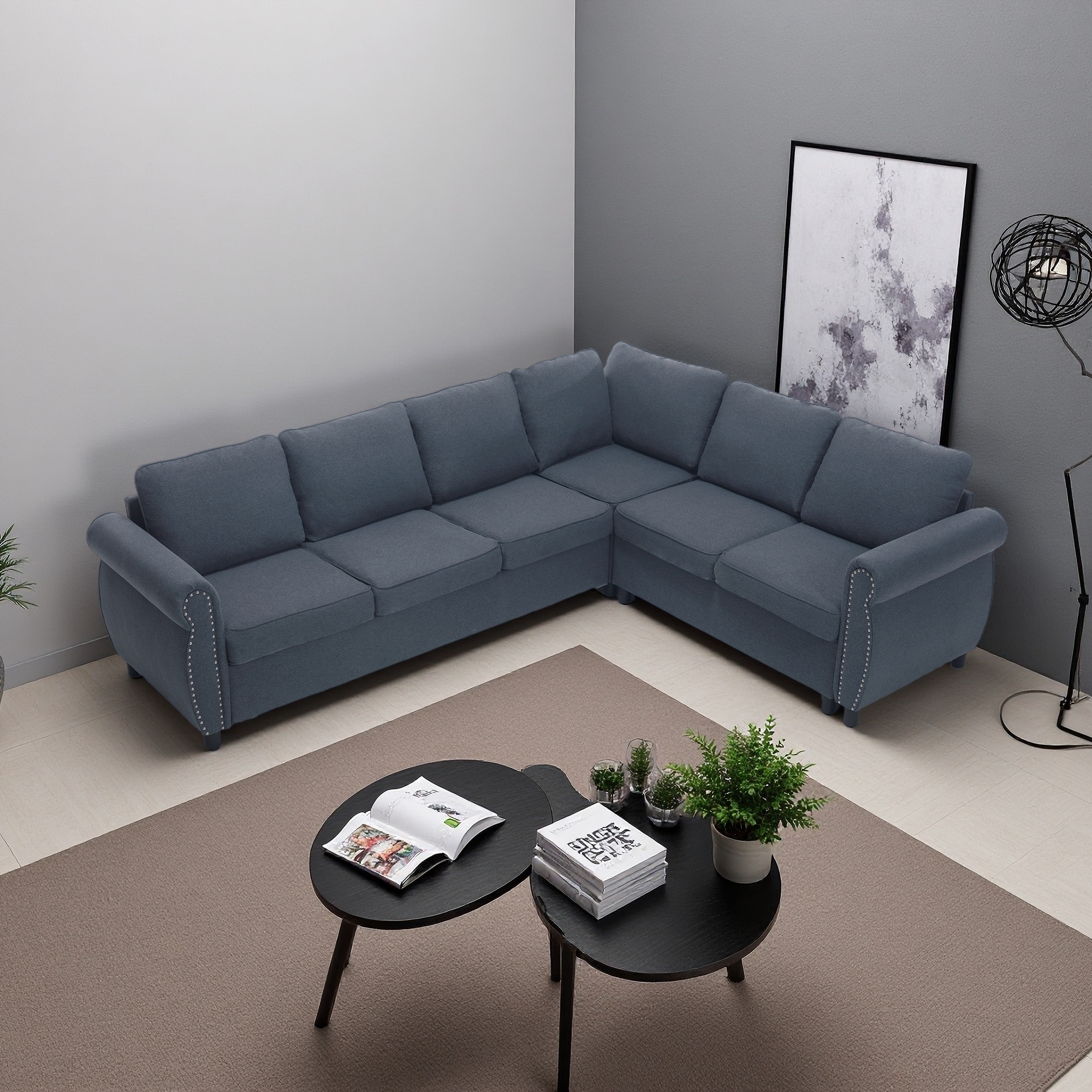 104" Polyester L-Shaped 6-Seater Sleeper Sectional Sofa with Pull-Out Bed