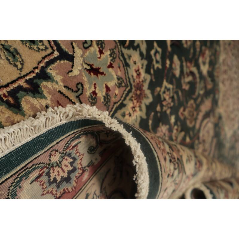 Hand Knotted Oriental Wool & Silk Carpet Traditional Floral Green Aubusson Area Rug - 9' 0'' X 6' 2''