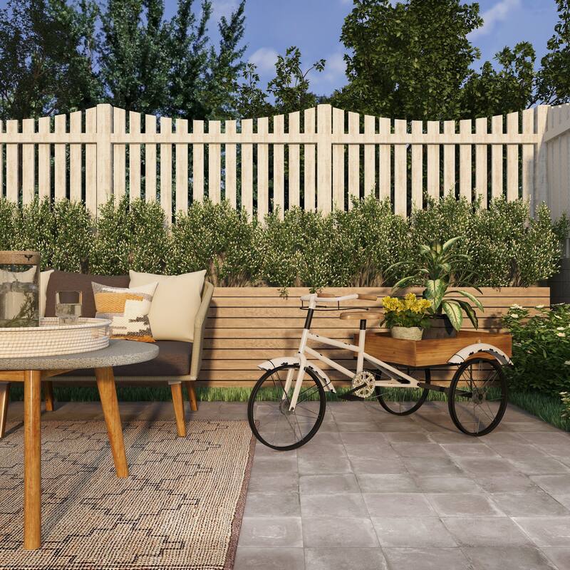 White Metal Indoor Outdoor Vintage Bike Indoor Outdoor Plantstand with Brown Wood Accents