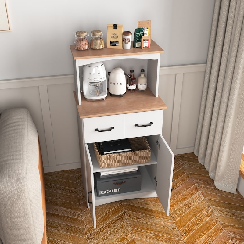White Wooden Kitchen Pantry Cabinet with Microwave Shelf, Drawer and Closed Cabinets, Pantry Room Storage Microwave Cabinet