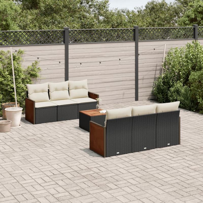 vidaXL Patio Sofa Set with Cushions Outdoor Furniture 7 Piece Poly Rattan - 21.7 x 21.7 x 14.6 - Black and Cream