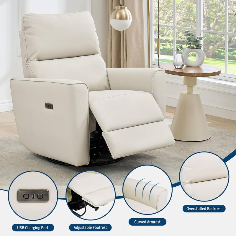 Power Recliner Swivel Chair Rockery Glider PU Leather Nursery Chair with USB Port