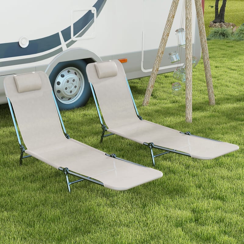 Outsunny Folding Chaise Lounge Pool Chairs, Set of 2 Outdoor Sun Tanning Chairs with Pillow, Six-Position Reclining Back - Cream White