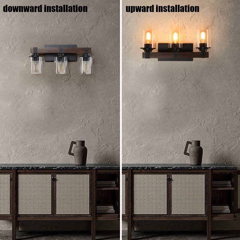 19" Rustic 3-Light Vanity Light, Industrial Bathroom Wall Sconce with Glass Shades and Wood Accent (No Bulbs) - Walnut