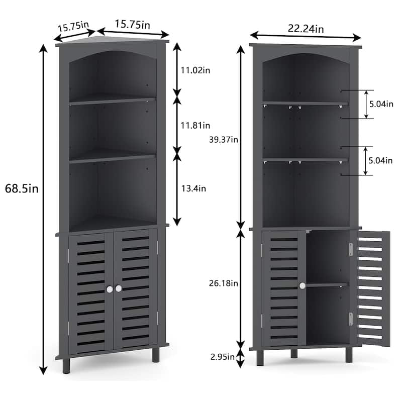 VECELO 68.5" Tall Triangle Corner Bookcase with Adjustable Open Shelves Magnetic Shutter Doors Storage Cabinet for Living Room